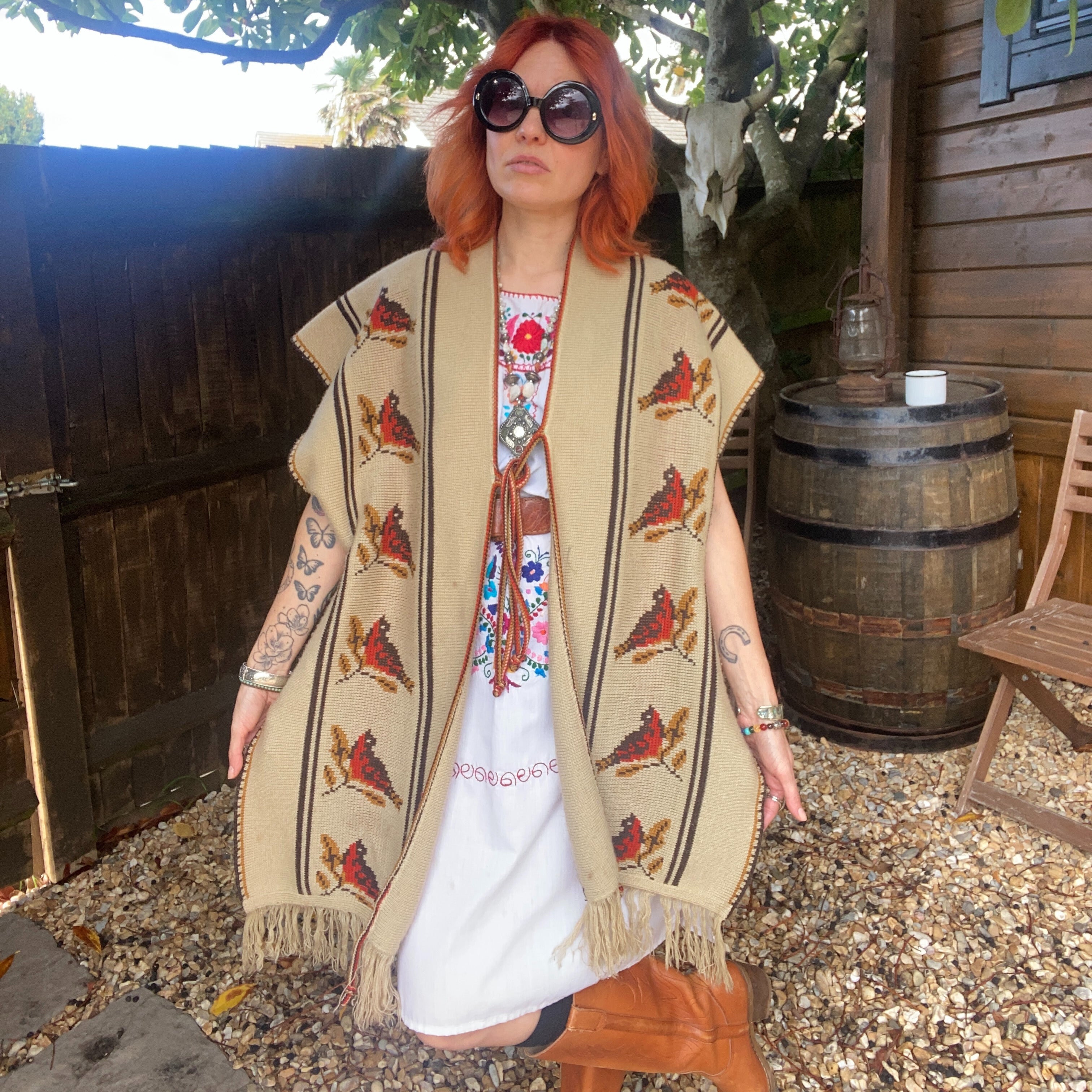Mexican fabric Poncho with bird art work