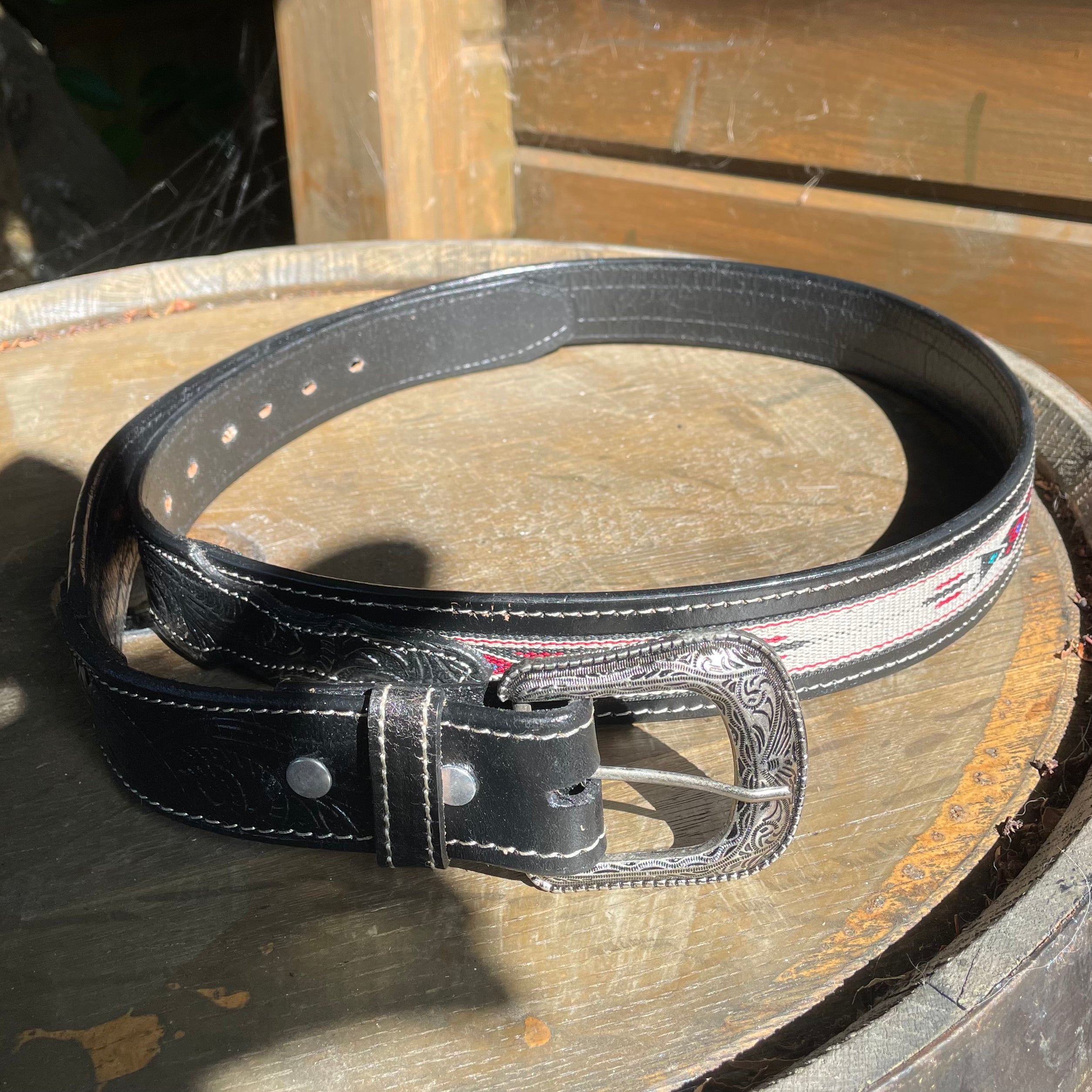 Western leather carved Aztec belt black