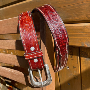Western leather carved Aztec belt brown