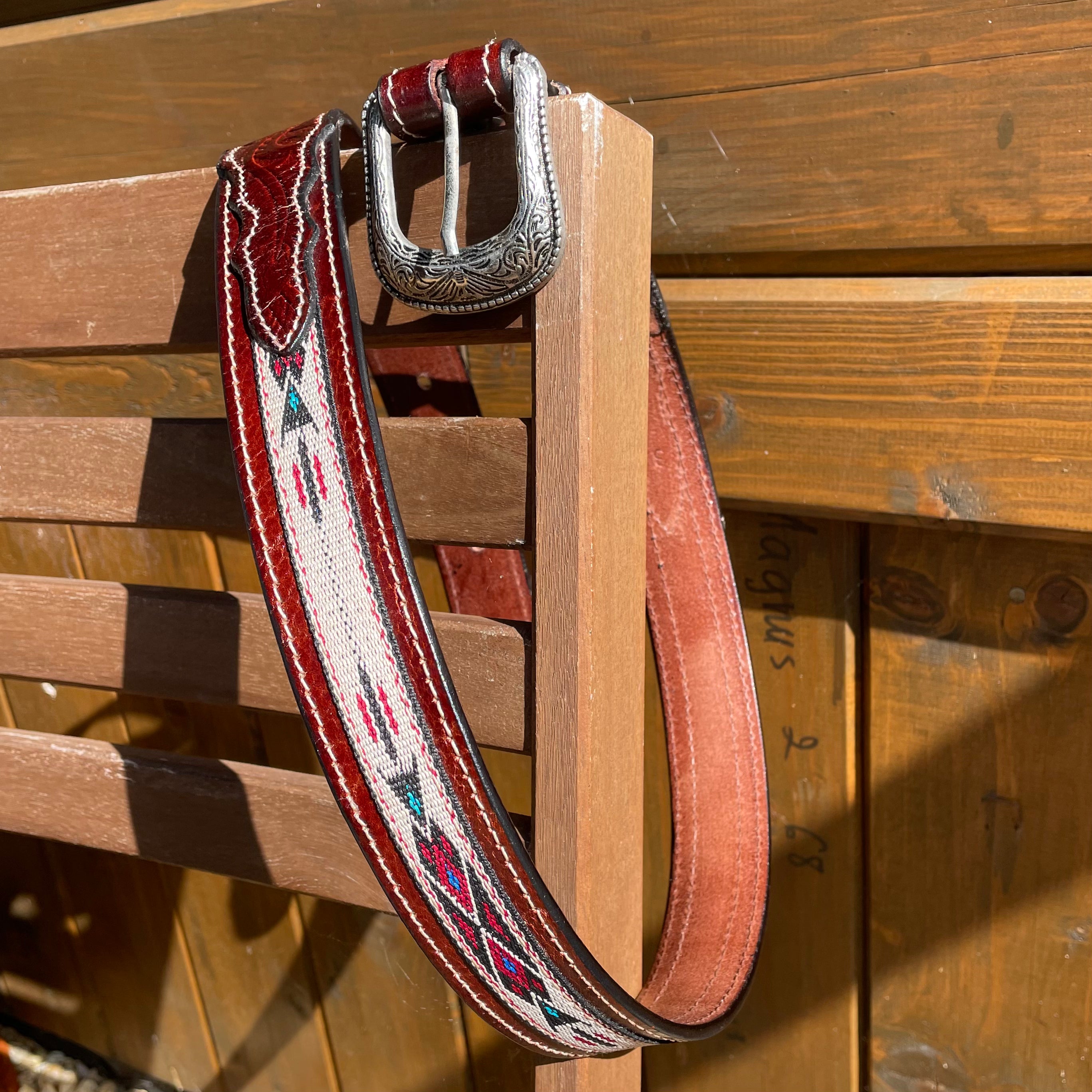 Western leather carved Aztec belt brown