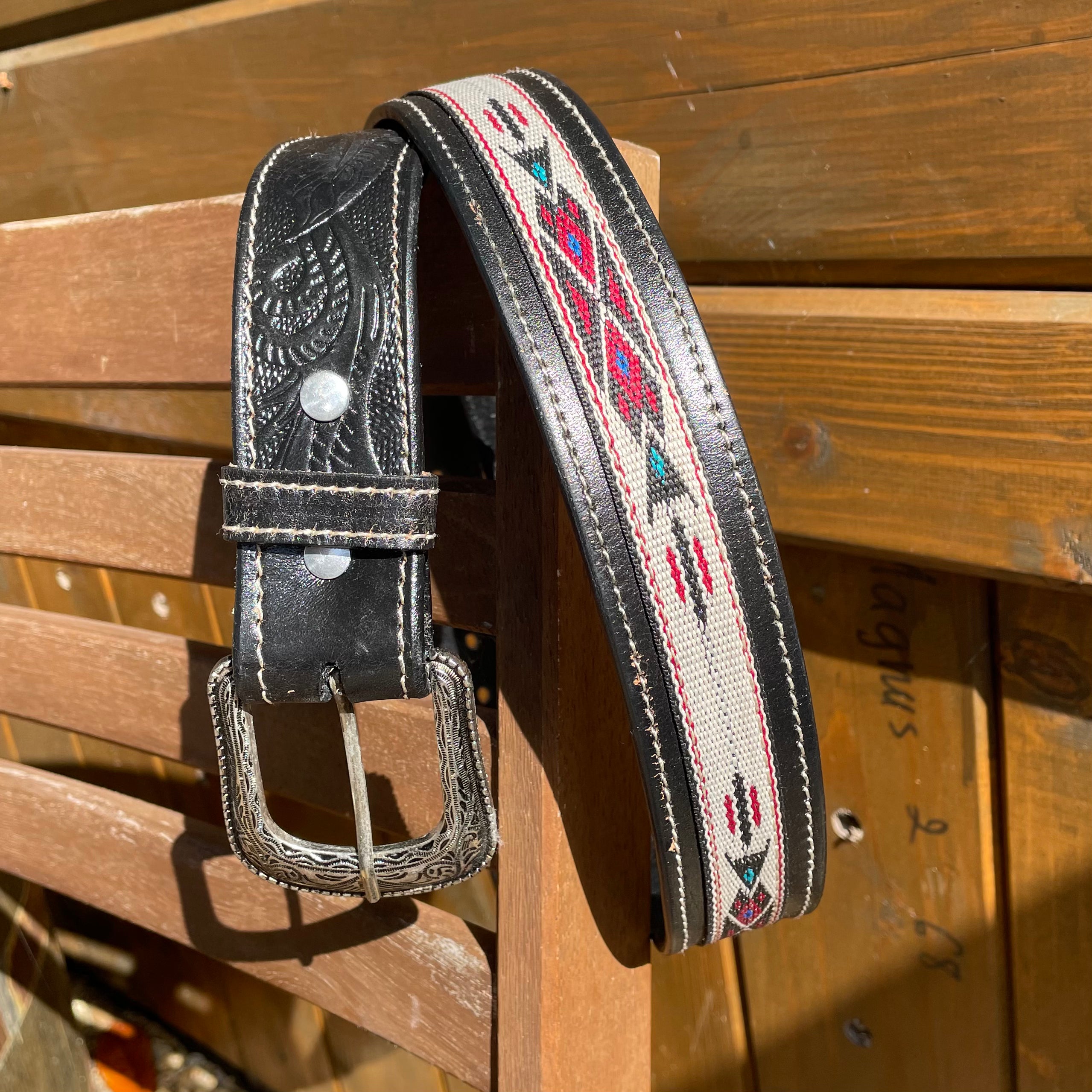Western leather carved Aztec belt black
