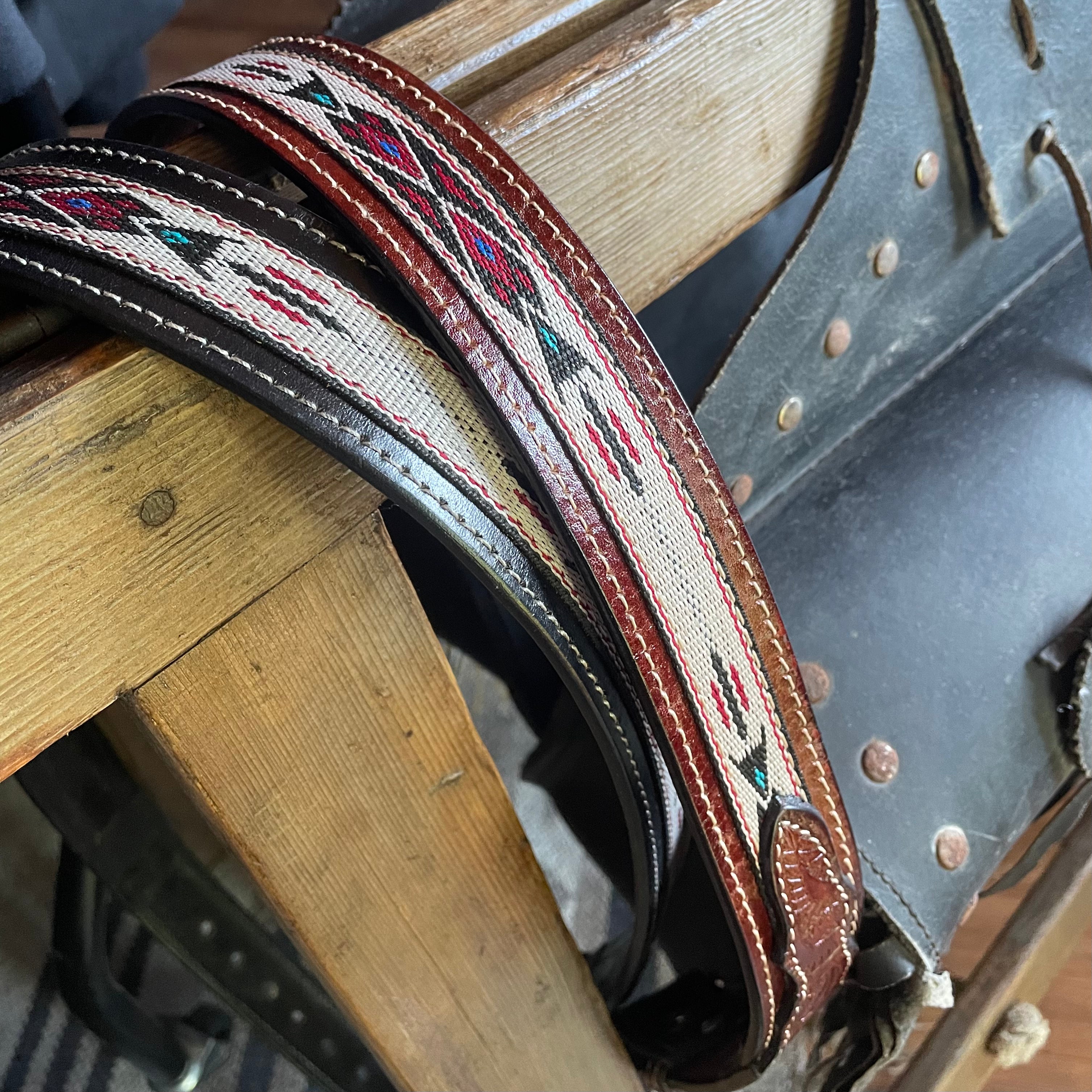 Western leather carved Aztec belt brown