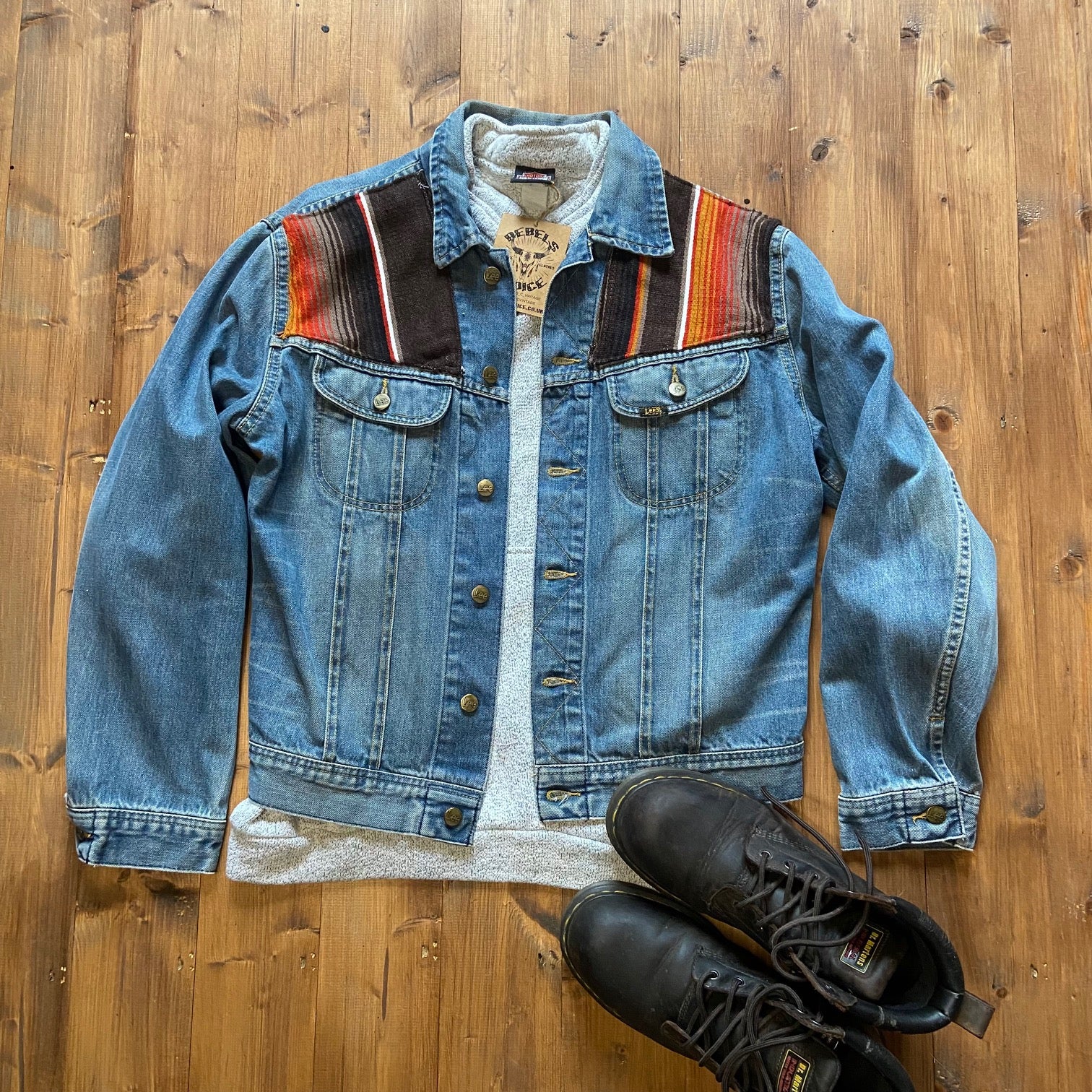 Vintage denim jacket with mexican blanket upcycle