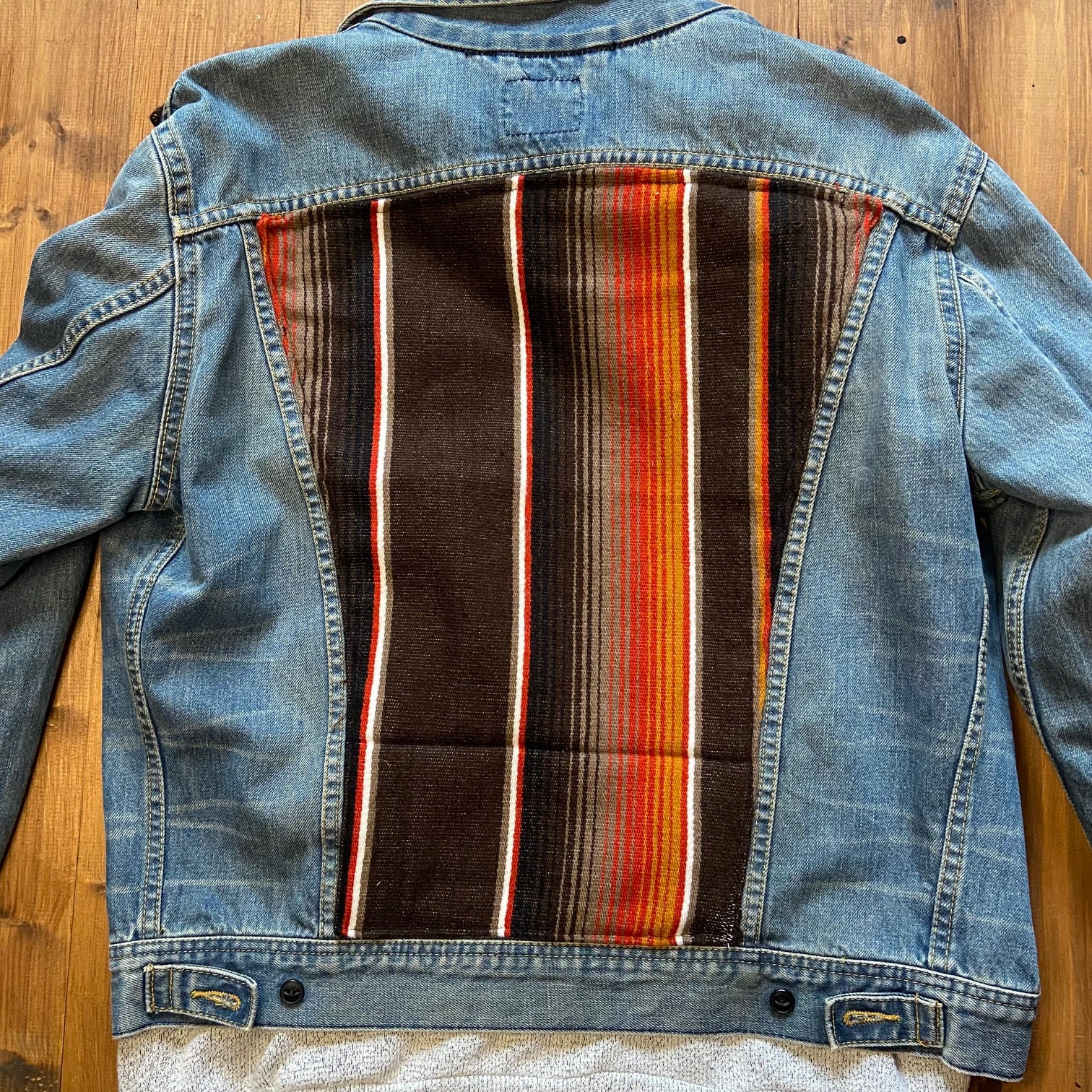 Vintage denim jacket with mexican blanket upcycle