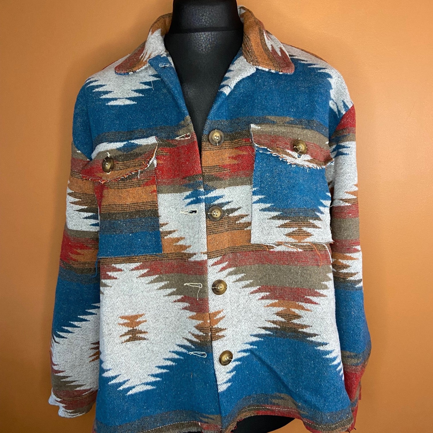 Distressed Rust/Turquoise Aztec Pattern Button Down Shirt Jacket