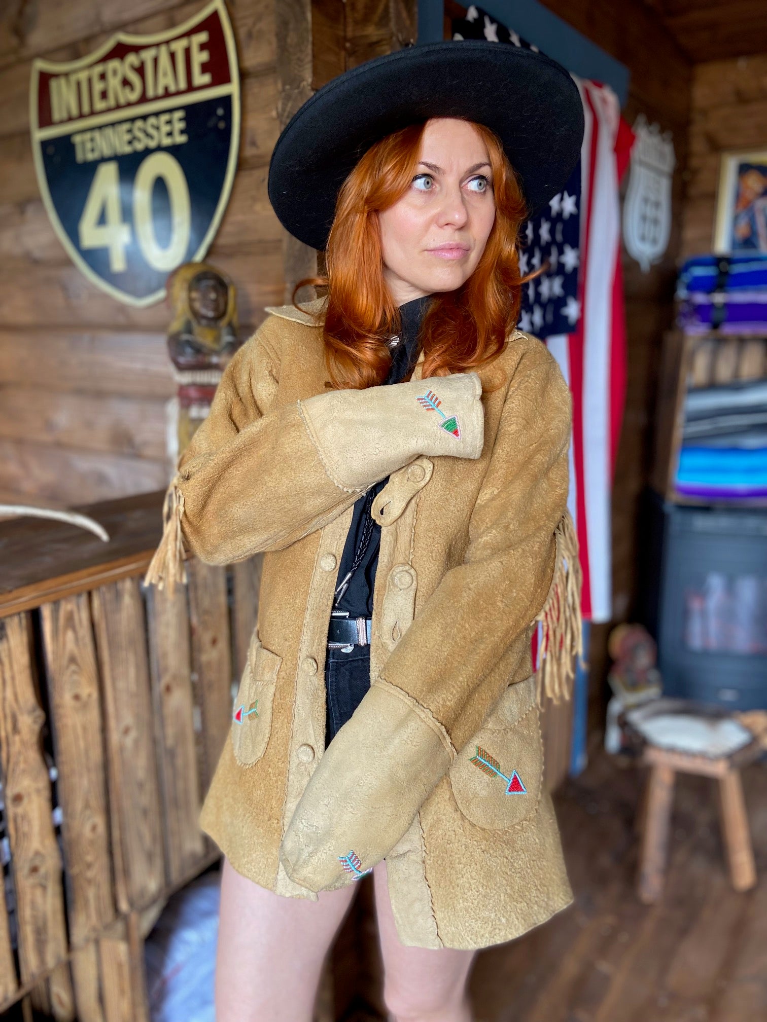 Long sued soft leather 60s western ranch frill jacket