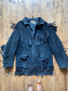 70s black heavy sued frill jacket with pockets