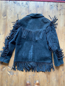 70s black heavy sued frill jacket with pockets
