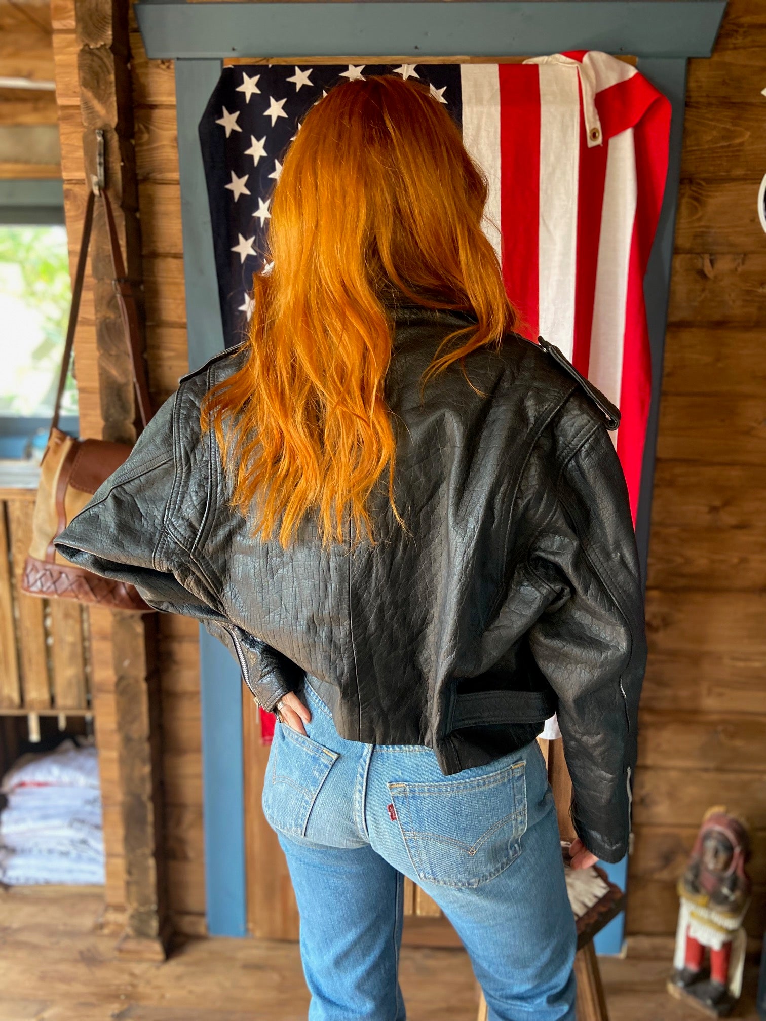 Heavy black biker leather crop cut jacket