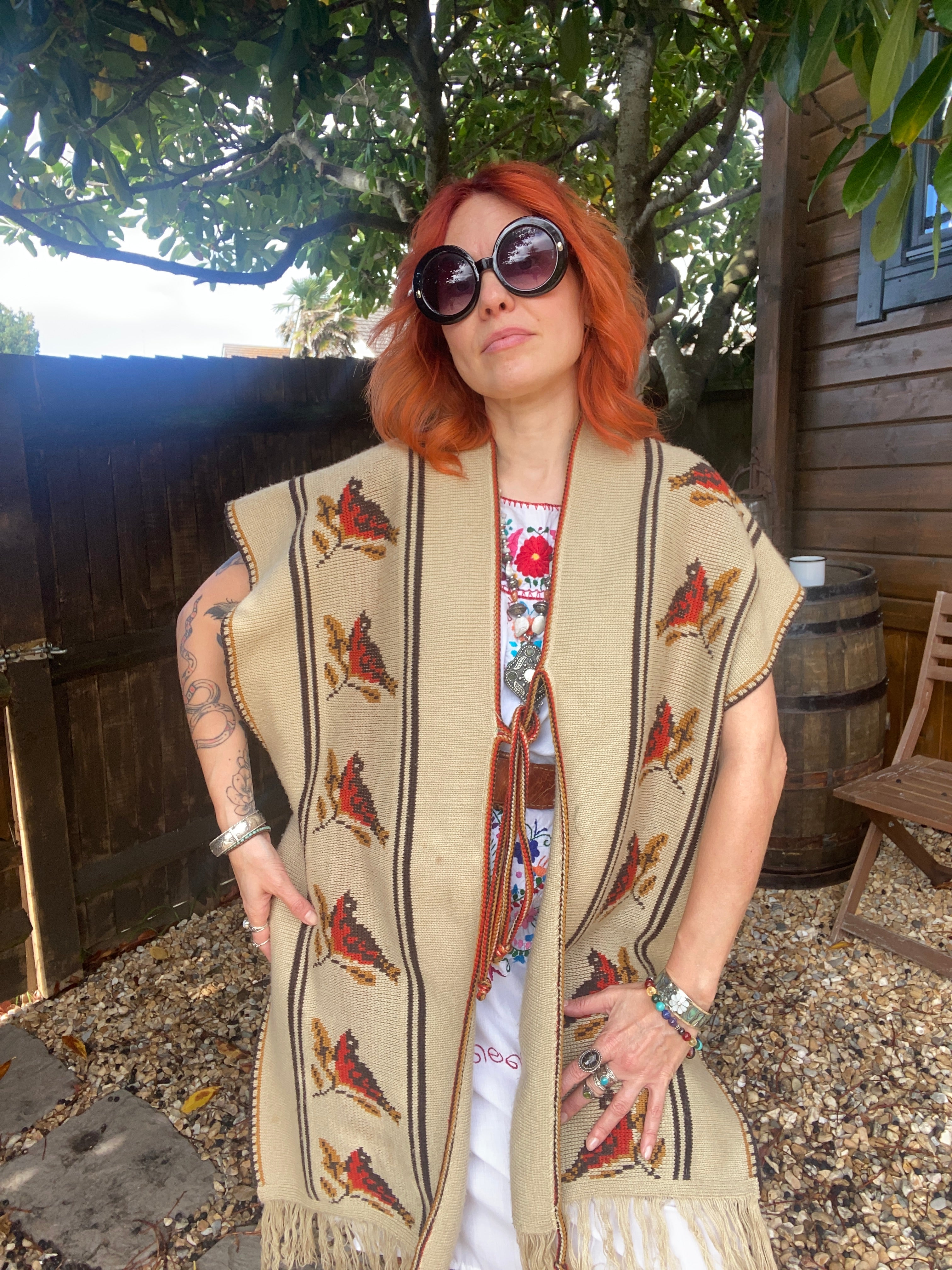 Mexican fabric Poncho with bird art work