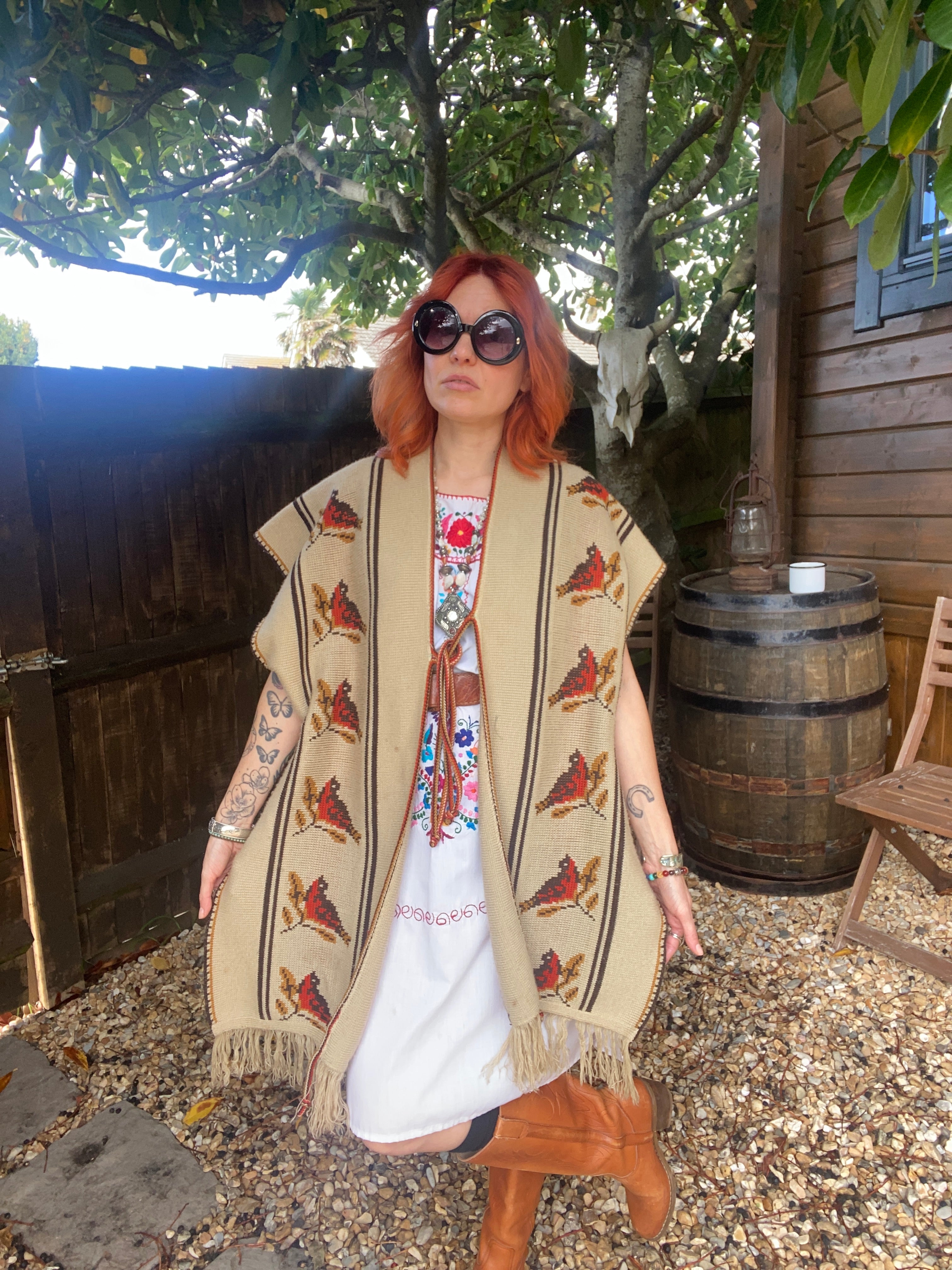 Mexican fabric Poncho with bird art work