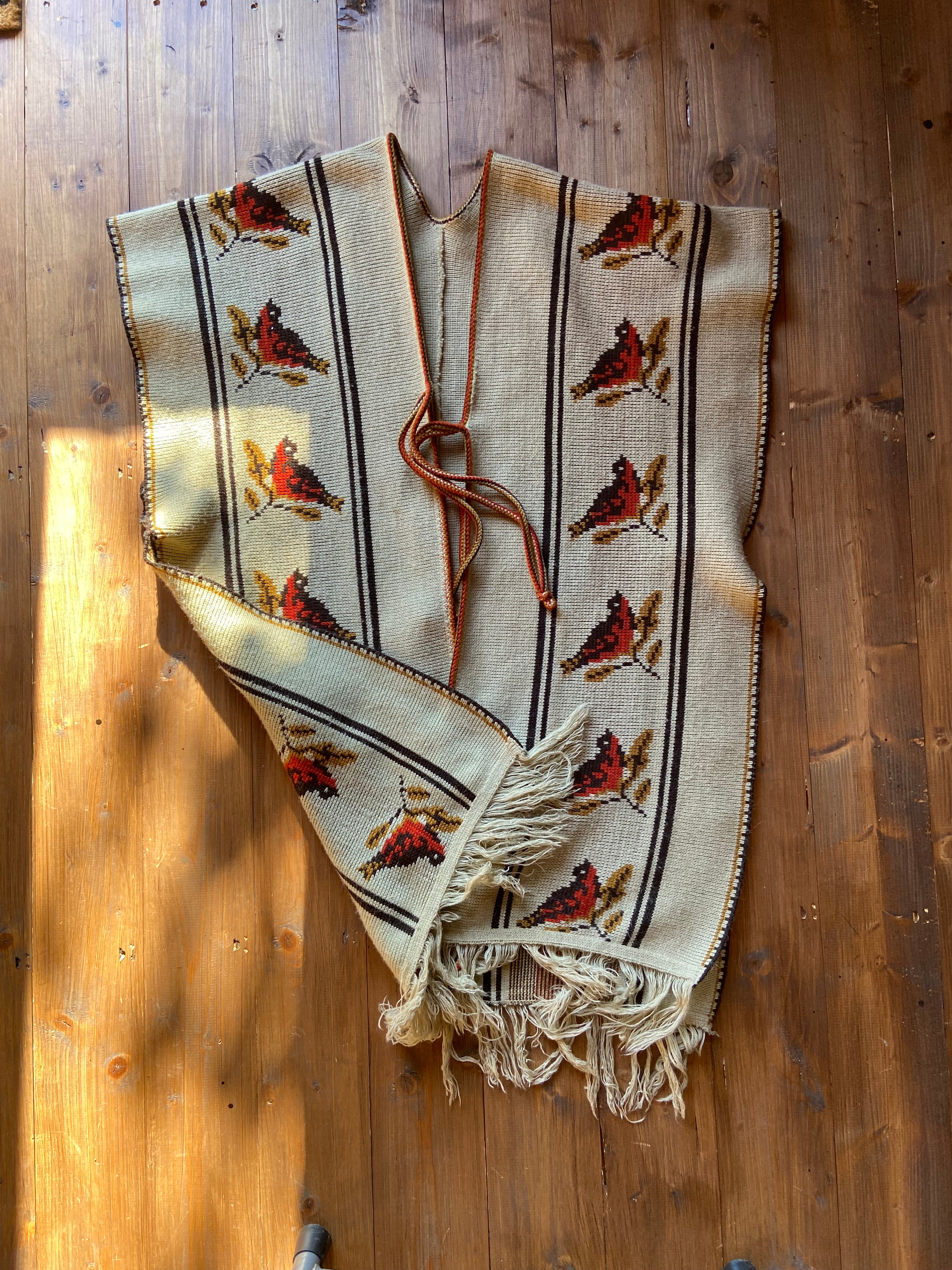 Mexican fabric Poncho with bird art work