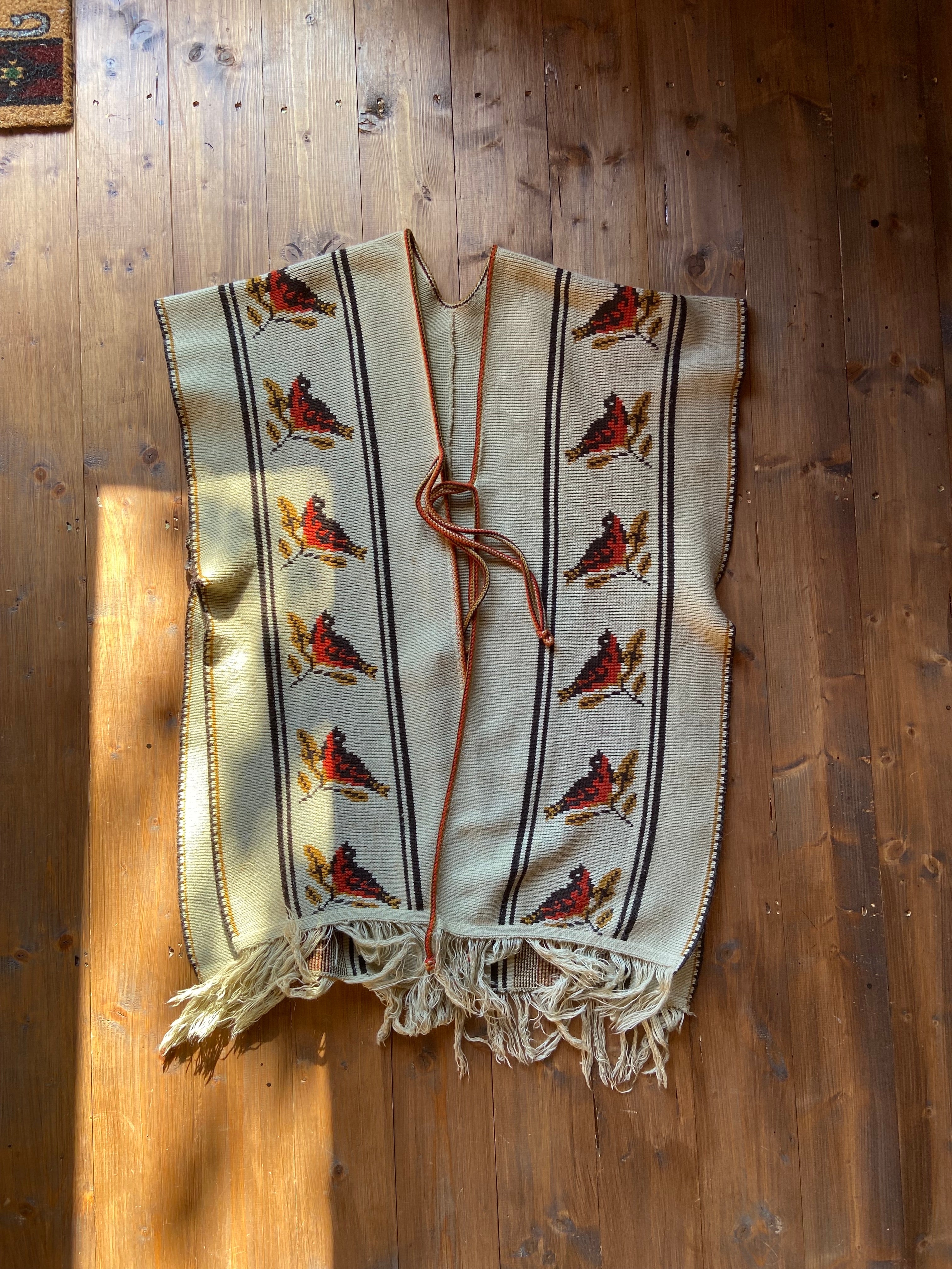 Mexican fabric Poncho with bird art work
