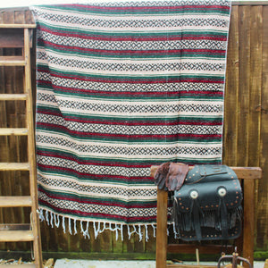 Vintage Style Mexican Blanket Super Falsa Maroon Beige Green