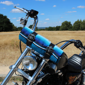 Biker bed roll up tote wrap with isla blue serape mexican blanket