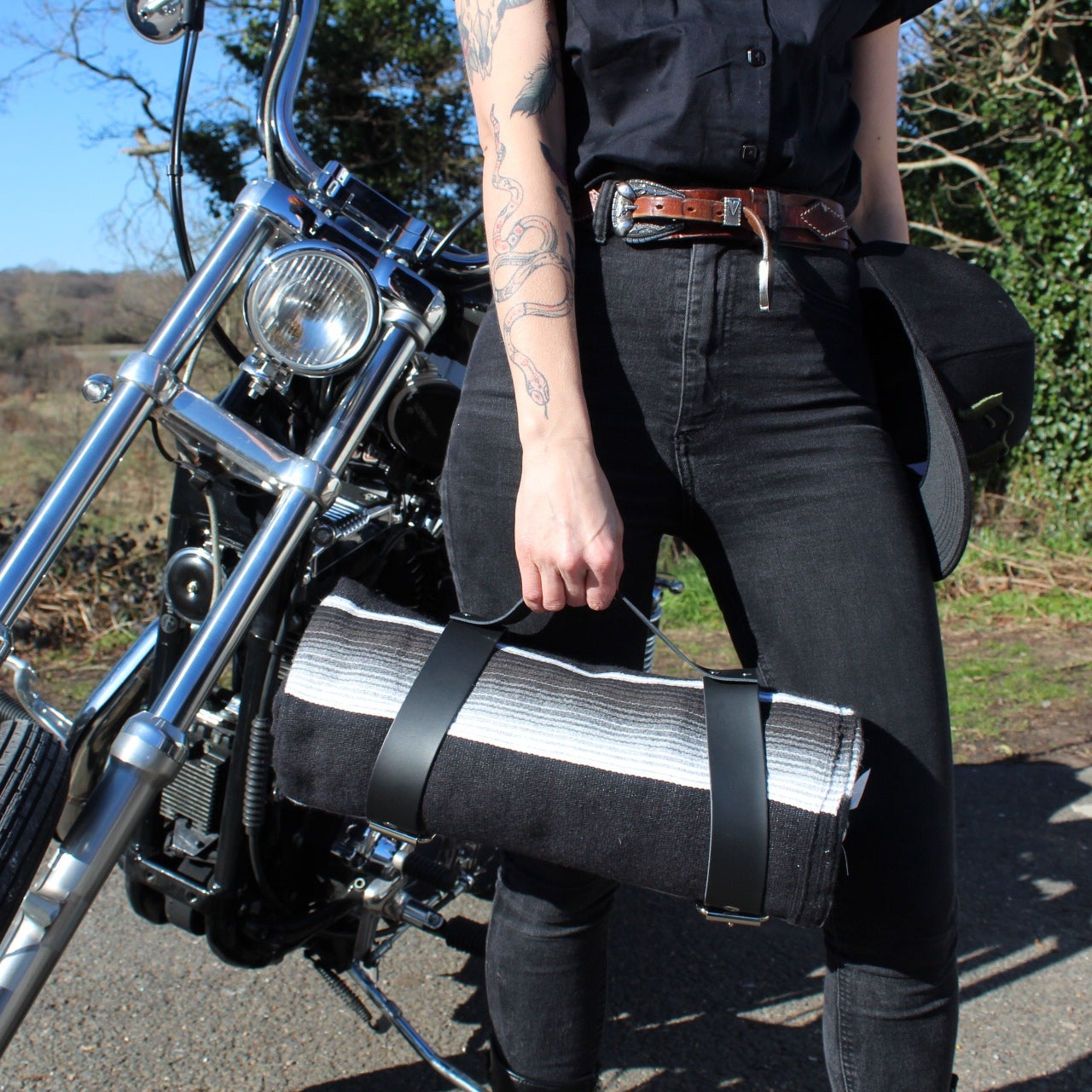 Biker Roll up tote wrap carrier in black leather