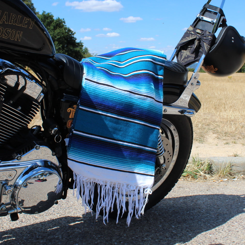 Biker bed roll up tote wrap with isla blue serape mexican blanket