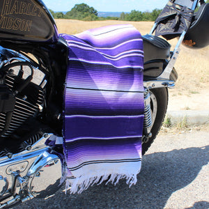 Biker bed roll up tote wrap with isla purple serape mexican blanket